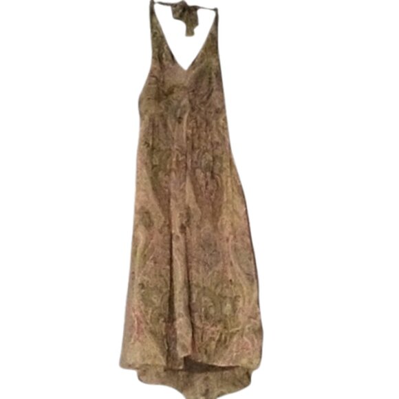 Silk Paisley Green Pink Dress Midi Halter Sundress Sheer Layered Drawstring Hem - Picture 1 of 16